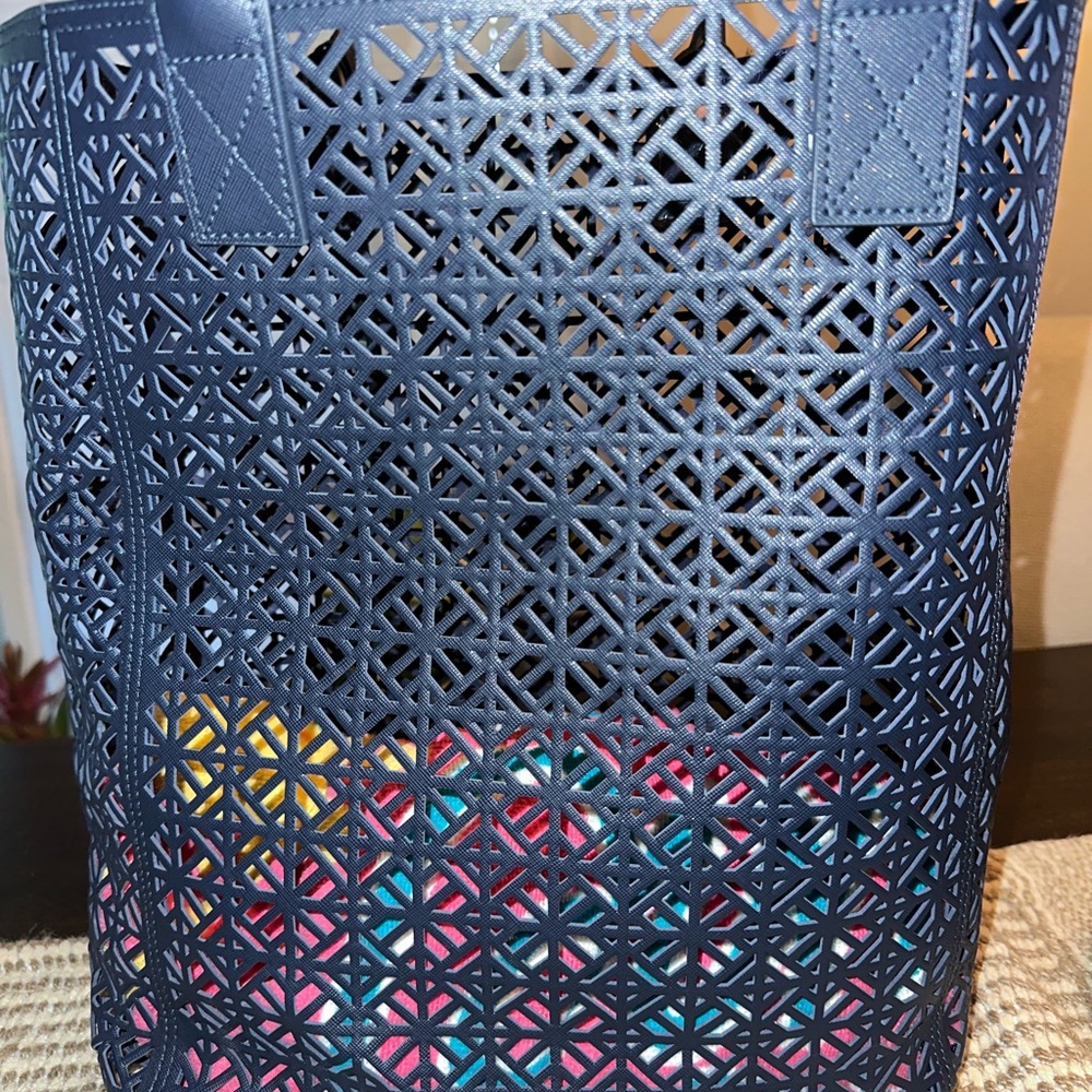 Tory Burch Navy Laser-Cut Tote - Picture 9 of 13
